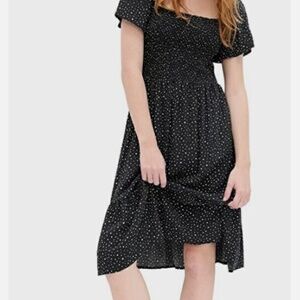 GAP women smocked black polka dot square neck midi dress size L